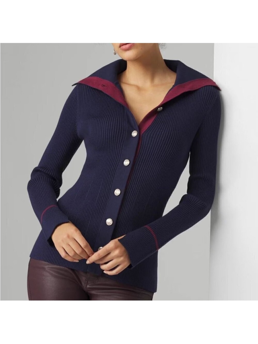 White House Black Market Blue Ribbed Contrast Button-Up Cardigan size XS